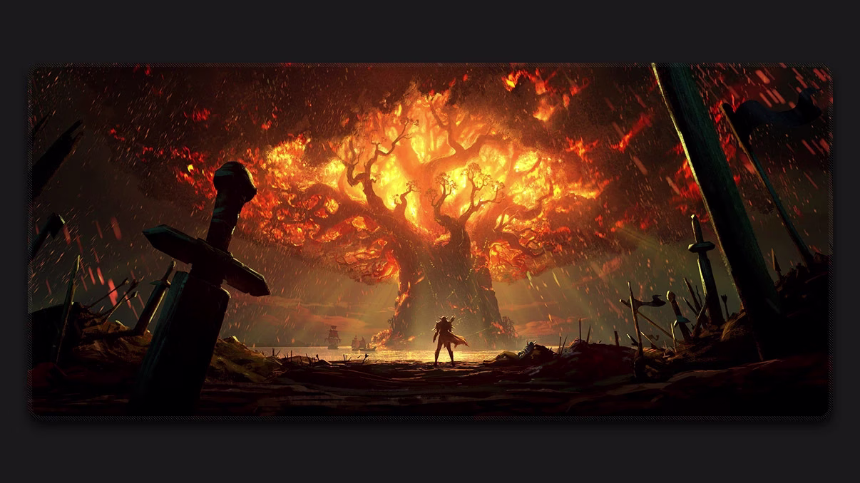 Burning tree in battle gaming desk mouse pad