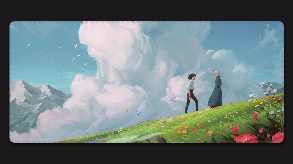 Two womens stand on grass ghibli desk mat