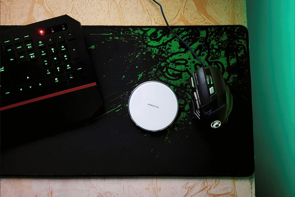 printed desk mat and keyboard and mouse