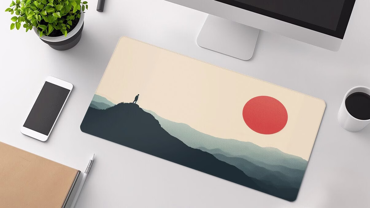 Standing alone on a mountain watching the sunrise desk mats