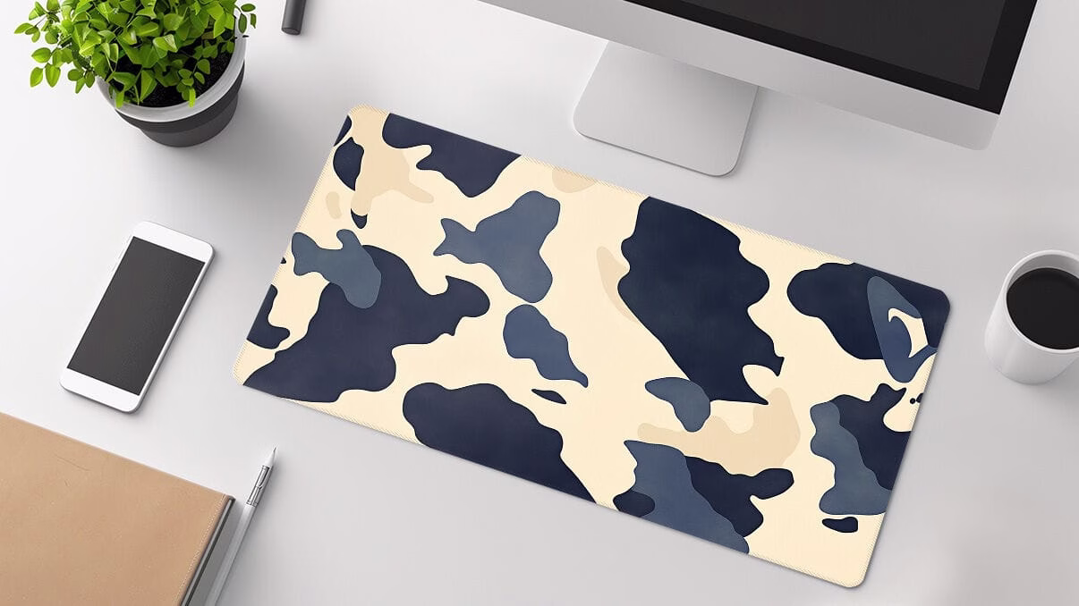 navy cow custom printed desk mat on table